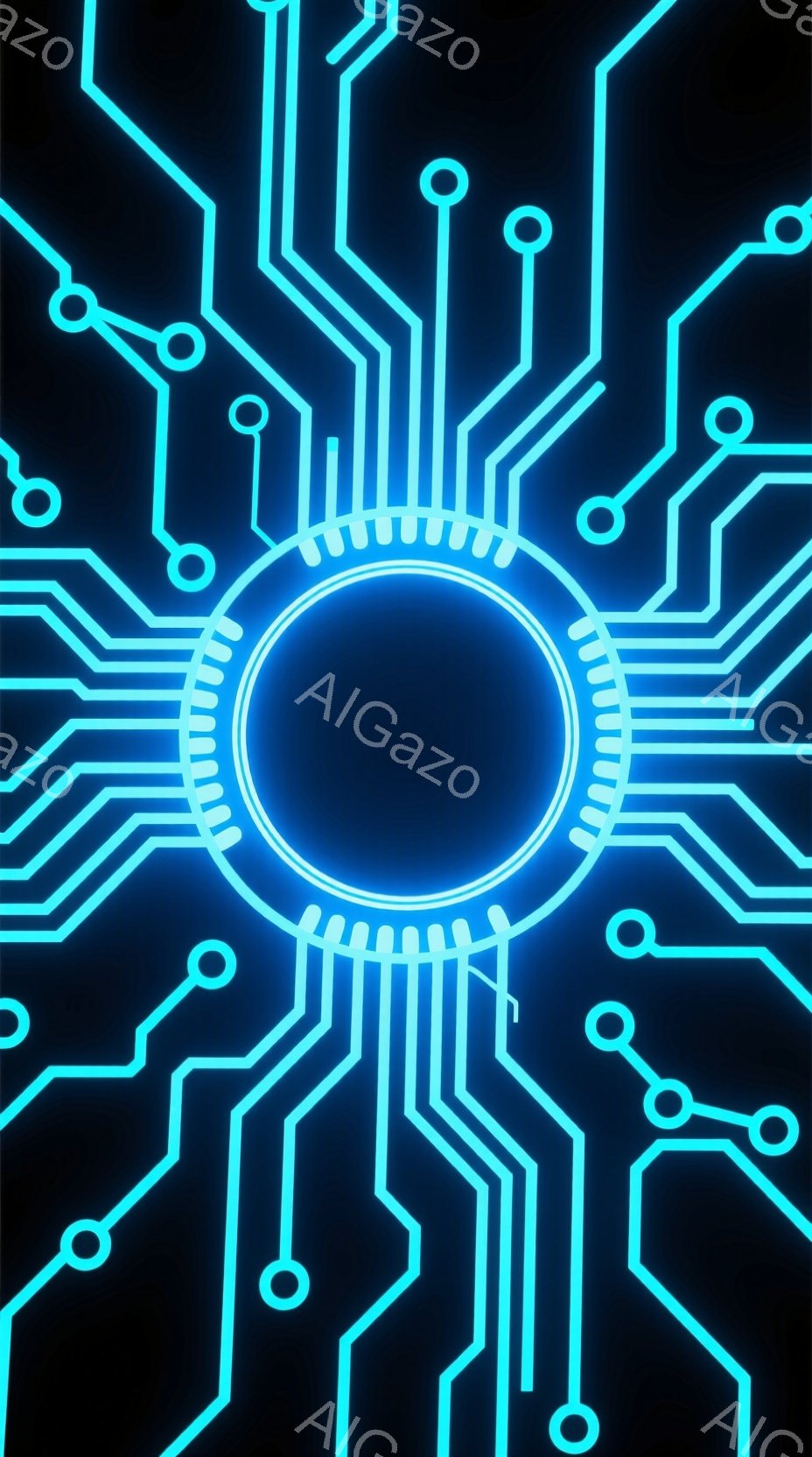 漆黒の背景に、鮮やかな青色の回路が複雑に広がっています。中央には、青色の光を放つ円があり、まるでテクノロジーの中心核のような印象を与えます。全体的に未来的で、サイバーパンク的な雰囲気を醸し出しています - AI生成フリー素材