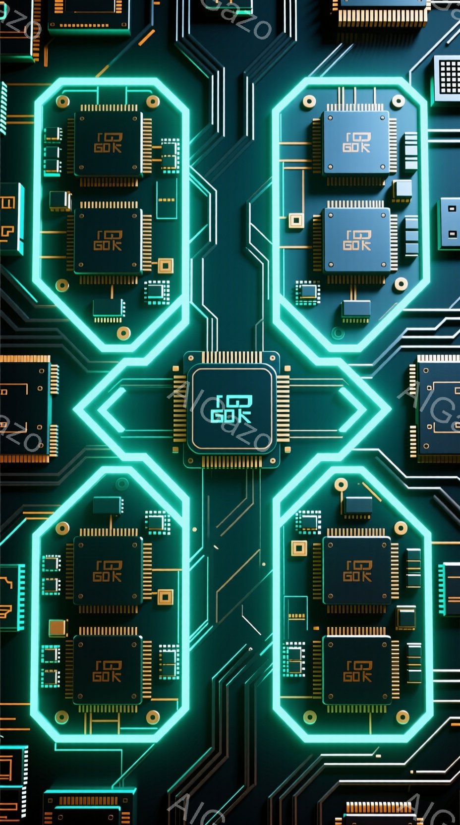 鮮やかな緑色の回路が複雑に組み合わさった抽象的な画像です。複数の正方形のフレームが、互いに接続された電子部品と配線で構成されており、未来的なテクノロジーの雰囲気を感じさせます。全体として、暗い背景に浮かび上がる光る回路が、サイバーパンクやデジタルアートを彷彿とさせます。