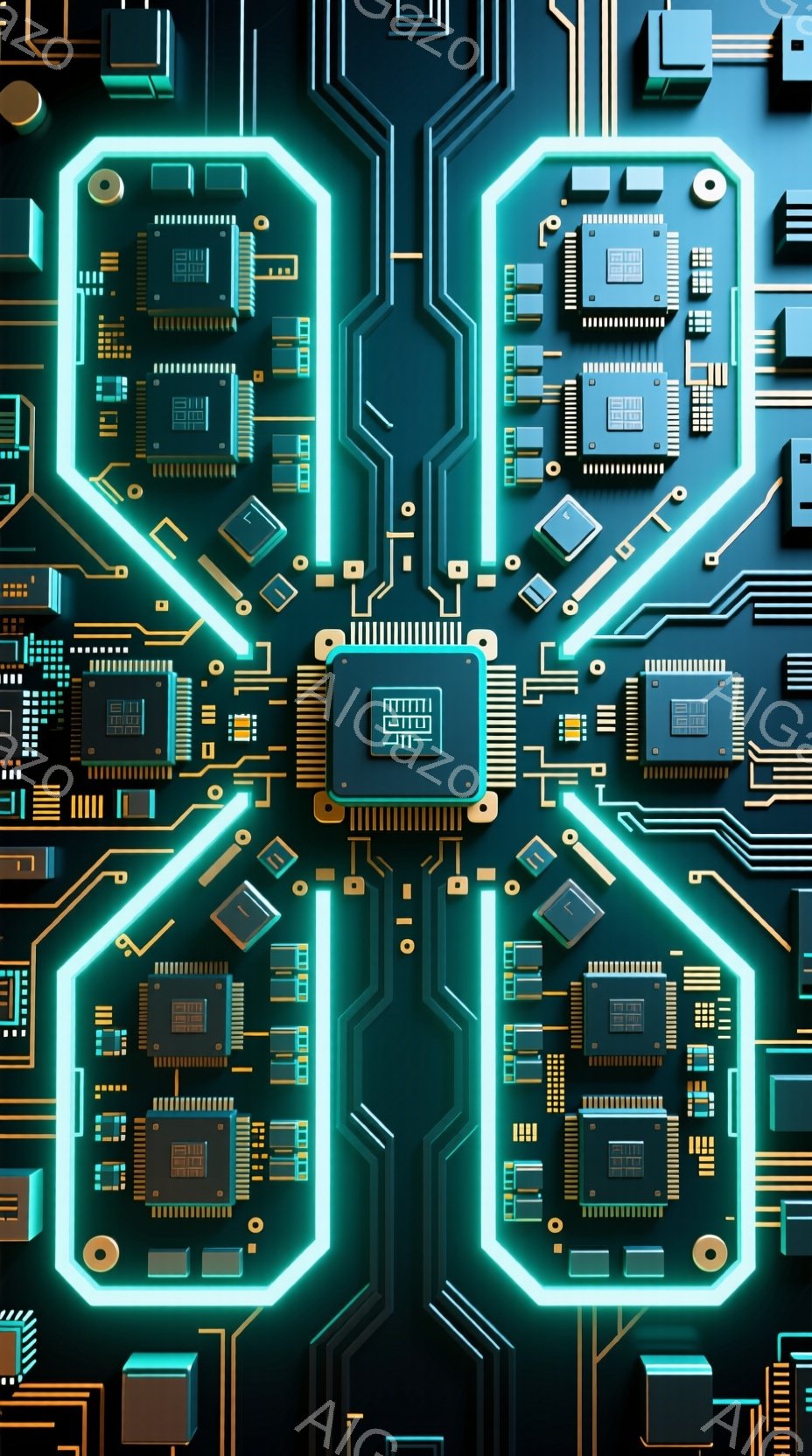 この画像は、緑色の回路基板を背景にした抽象的な構成です。複雑な電子部品が幾何学的なパターンで配置され、中央には大きなプロセッサチップが輝いています。全体的に、未来的なテクノロジーと精密なエンジニアリングを想起させる、クールで洗練された雰囲気です。