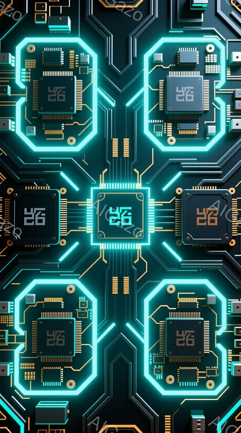 この画像は、鮮やかなネオンブルーの回路基板が格子状に配置された抽象的なデザインです。各基板には、細かい電子部品や配線が描かれ、未来的なテクノロジーを想起させます。全体的に、クールで洗練された、デジタルな雰囲気を感じさせます。