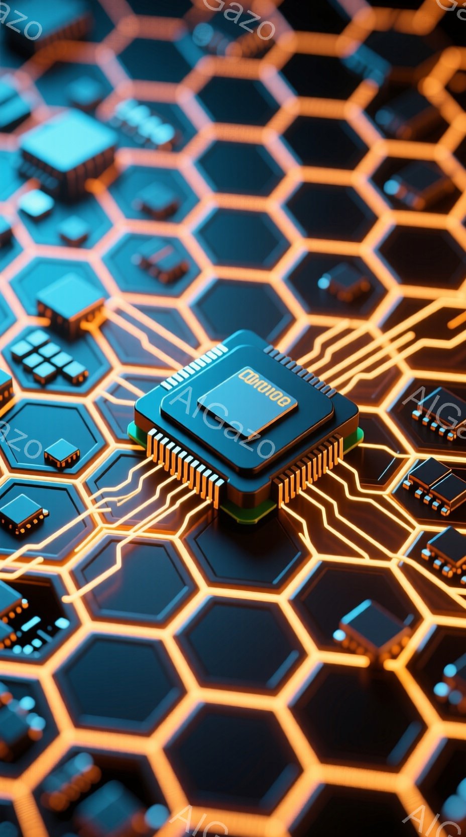 この画像は、六角形のグリッド状の背景に配置された、未来的なコンピューターチップのクローズアップです。チップは青とオレンジのネオンライトで照らされ、内部の複雑な回路が強調されています。全体的に、技術と革新を象徴する、明るく鮮やかな雰囲気です。