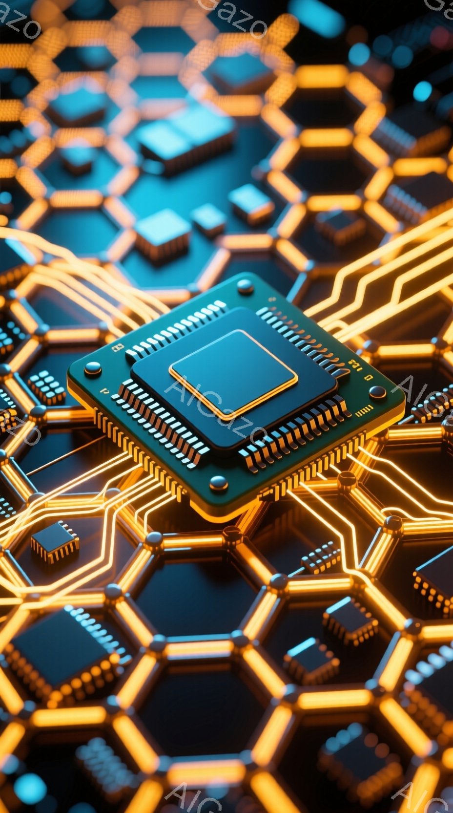 画像は、六角形のパターンで構成された回路基板上に配置された、鮮やかな緑色のマイクロチップ（プロセッサ）を強調しています。金色の回路線が複雑に絡み合い、チップと他の小さな電子部品を繋ぎ、未来的な雰囲気を作り出しています。鮮やかな色と緻密なデザインは、高度なテクノロジーと精密さを表現しています。