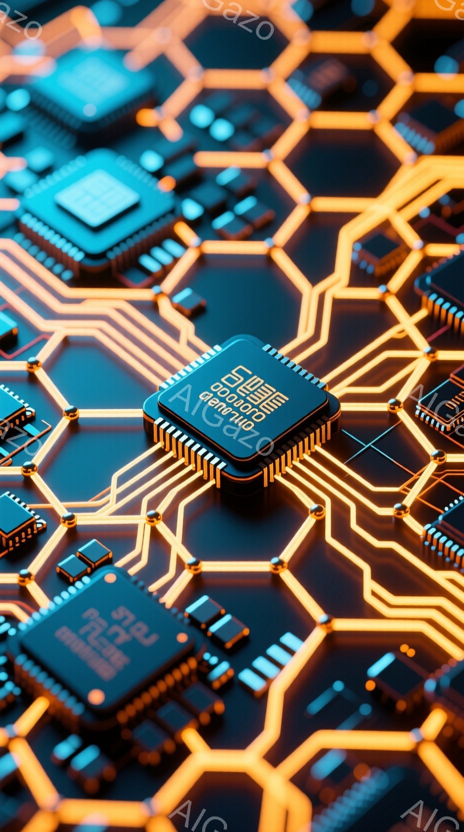 この画像は、複雑な電子回路基板をクローズアップしたもので、鮮やかなオレンジ色の回路線が青い基板上を網の目のように走っています。中央には、黒地にオレンジ色の文字が刻まれたICチップが配置されており、その周囲にも様々な電子部品が密集しています。 全体的に未来的なテクノロジーの雰囲気が漂い、鮮やかな色彩と緻密な構造が目を引きます。