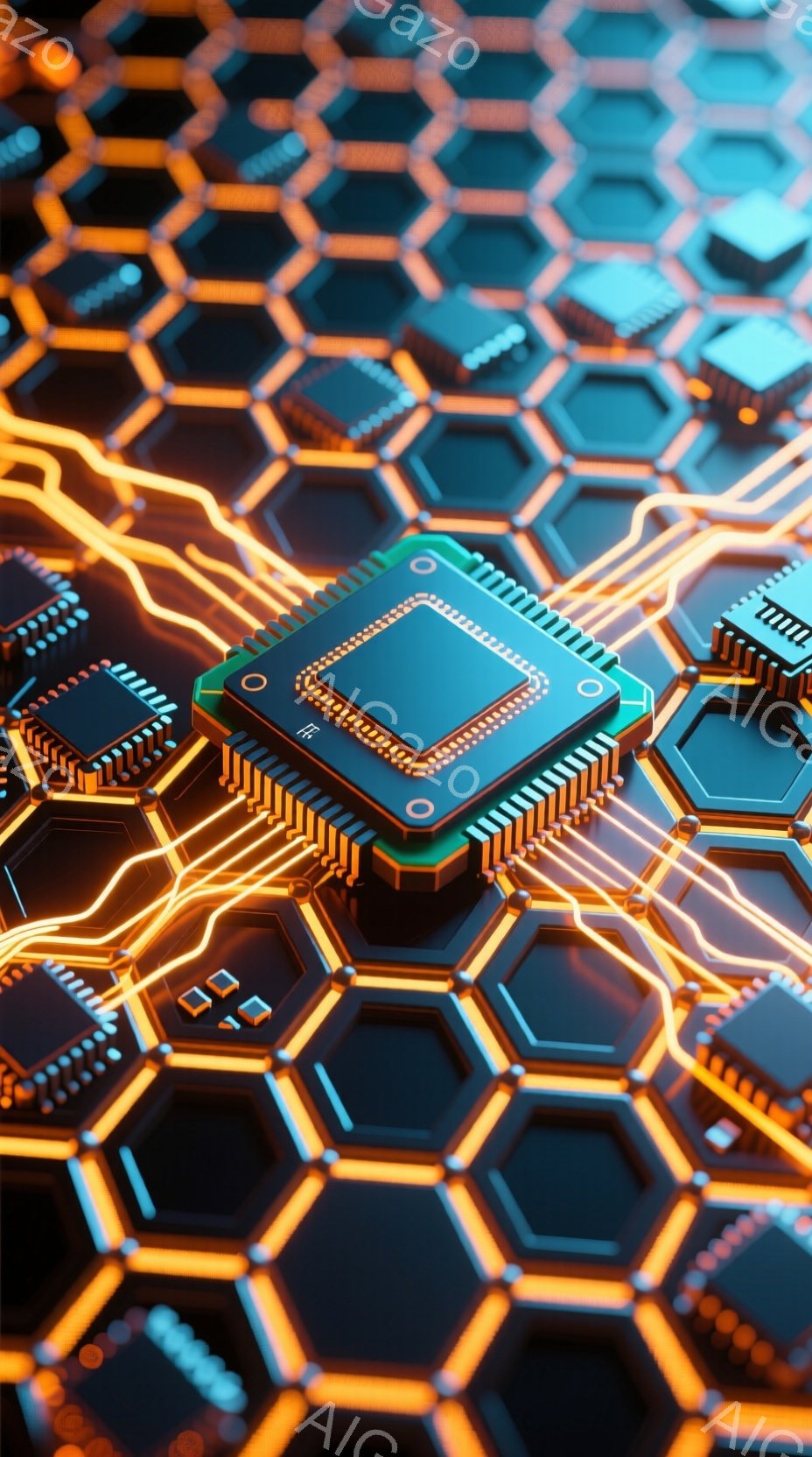 この画像は、六角形のタイルが敷き詰められた背景に、中央に設置されたマイクロチップをクローズアップで捉えています。マイクロチップは鮮やかなオレンジ色の光で縁取られ、その表面には反射する素材が使用されています。全体的に近未来的でテクノロジーを感じさせる雰囲気であり、精密さと複雑さを強調しています。