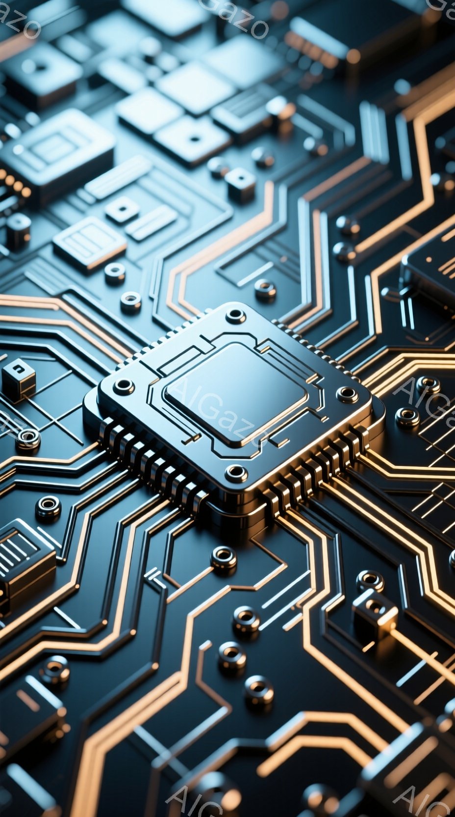 この画像は、複雑な電子回路基板をクローズアップしたものです。金色の配線が暗い基板上を網の目のように走り、中央には銀色の大きなICチップが配置されています。配線やチップは立体的に表現されており、精密さと未来的な雰囲気を醸し出しています。
