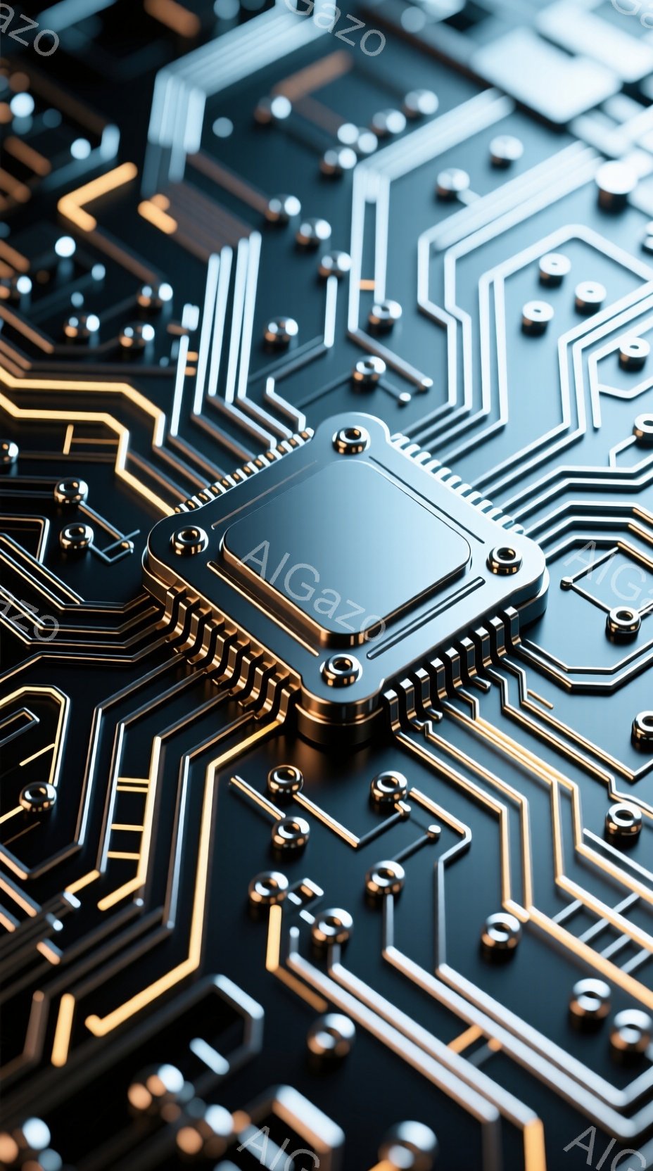 この画像は、金色の線と黒い基板で構成された複雑な電子回路のクローズアップです。中央には、光沢のある黒いチップが配置され、その周囲に細い金色の導線が放射状に広がっています。全体的に、未来的なテクノロジー - AI生成フリー素材