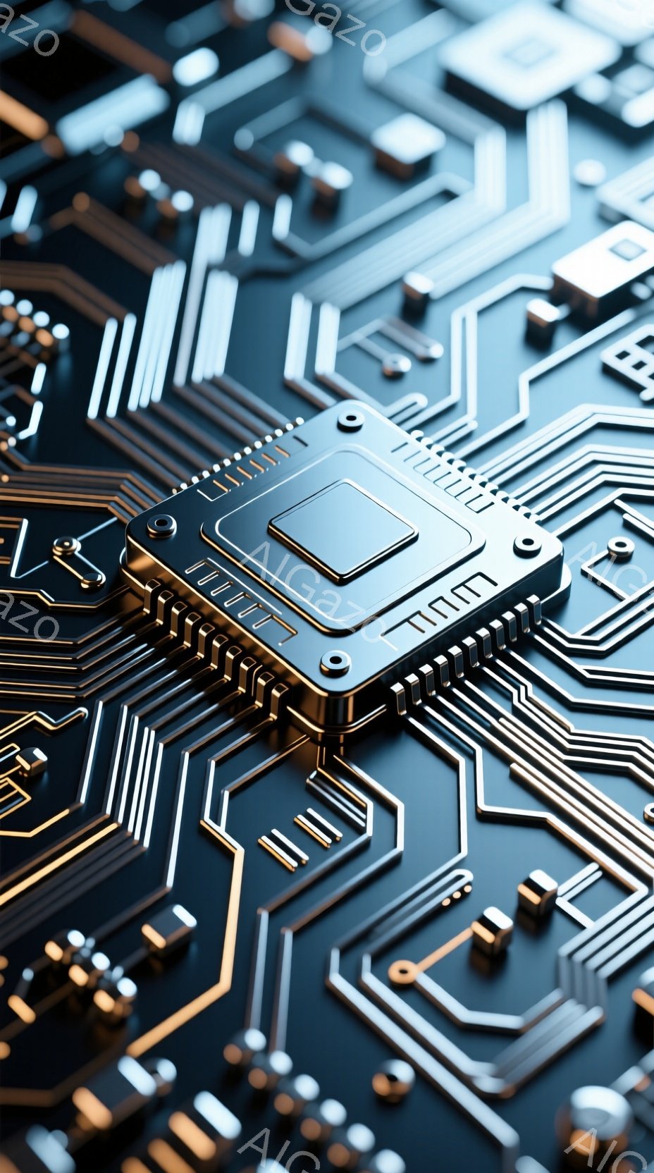 この画像は、金色の配線が複雑に絡み合った電子回路基板のクローズアップです。中央には銀色のICチップが配置され、高度な技術と精密さを感じさせます。全体的に暗い背景に金色の線が光り、未来的な雰囲気と洗練された印象を与えます。