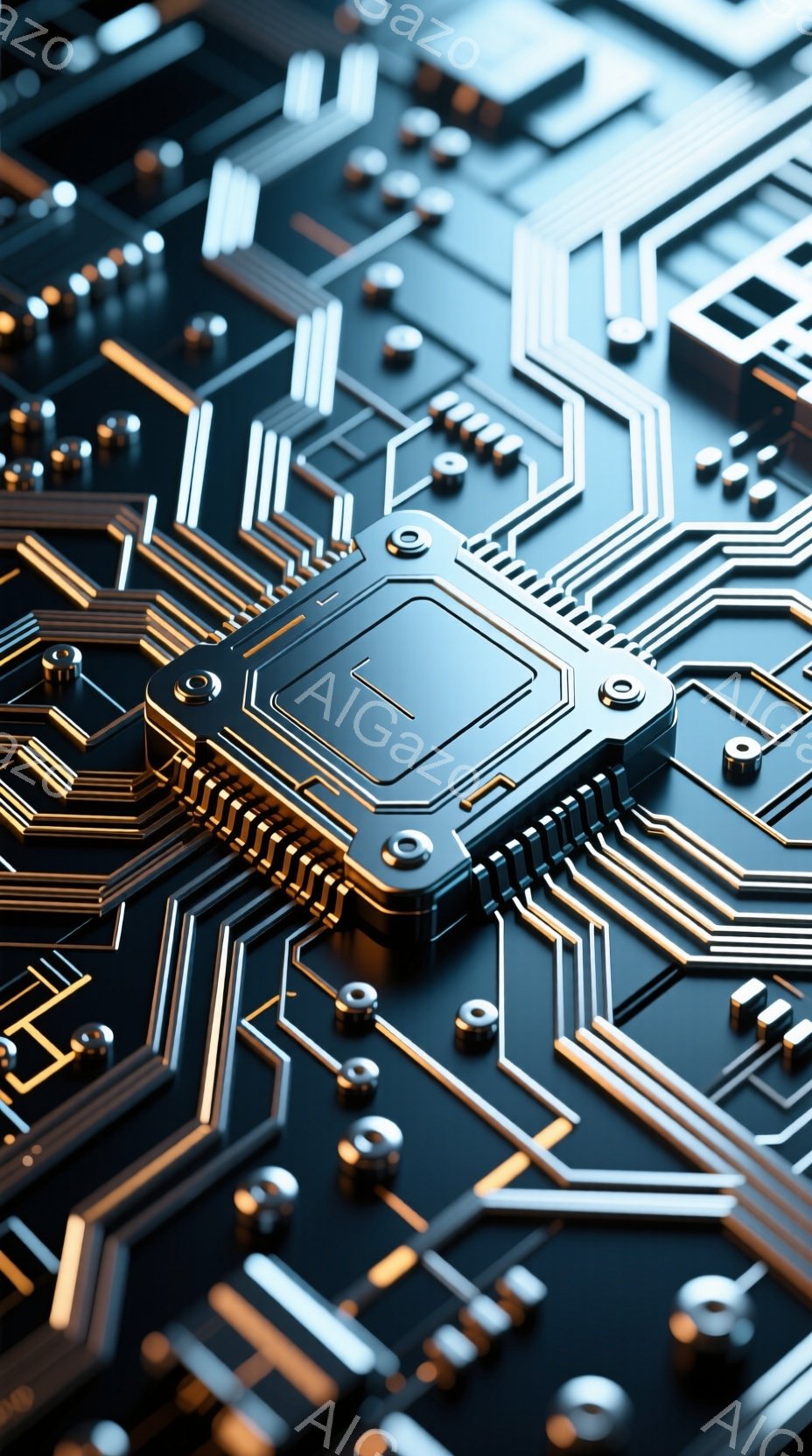 この画像は、複雑な電子回路基板をクローズアップしたものです。金色の線が青黒の基板上を網の目のように走り、中央には金属製のチップが配置されています。全体的に未来的な印象を与え、精密さと技術力を強調しています。