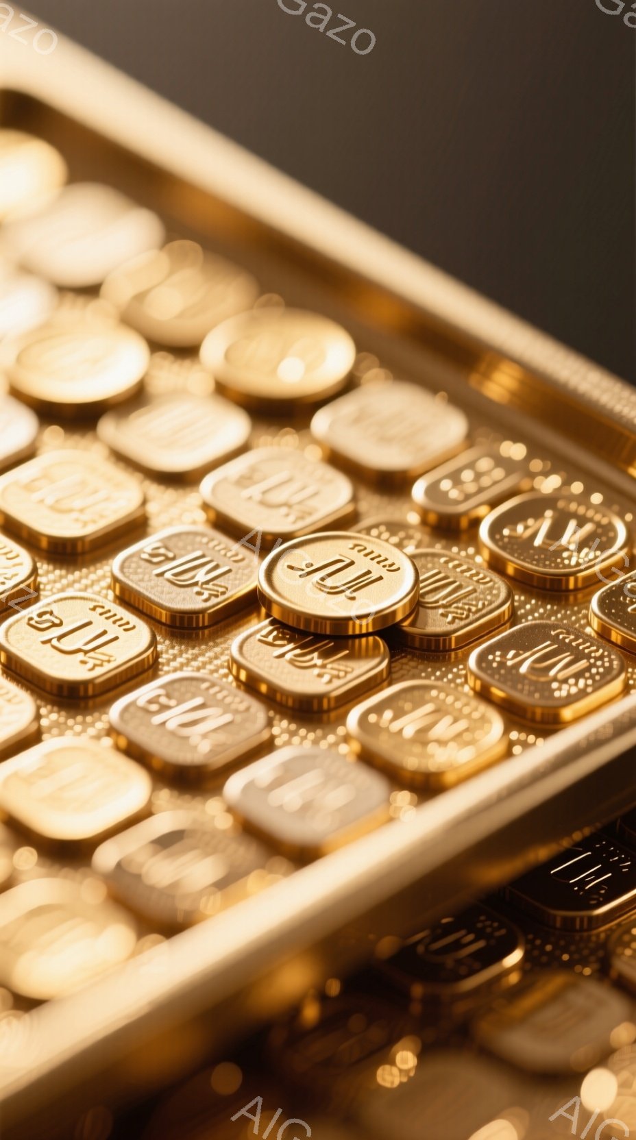 鮮やかな金色のコインが整然と並べられた、タイピングマシンのキーボードのような背景が印象的な画像です。コインには文字が刻まれており、それぞれが独特の模様を持っています。全体的に温かみのある光が差し込み、高級感と神秘的な雰囲気を醸し出しています。