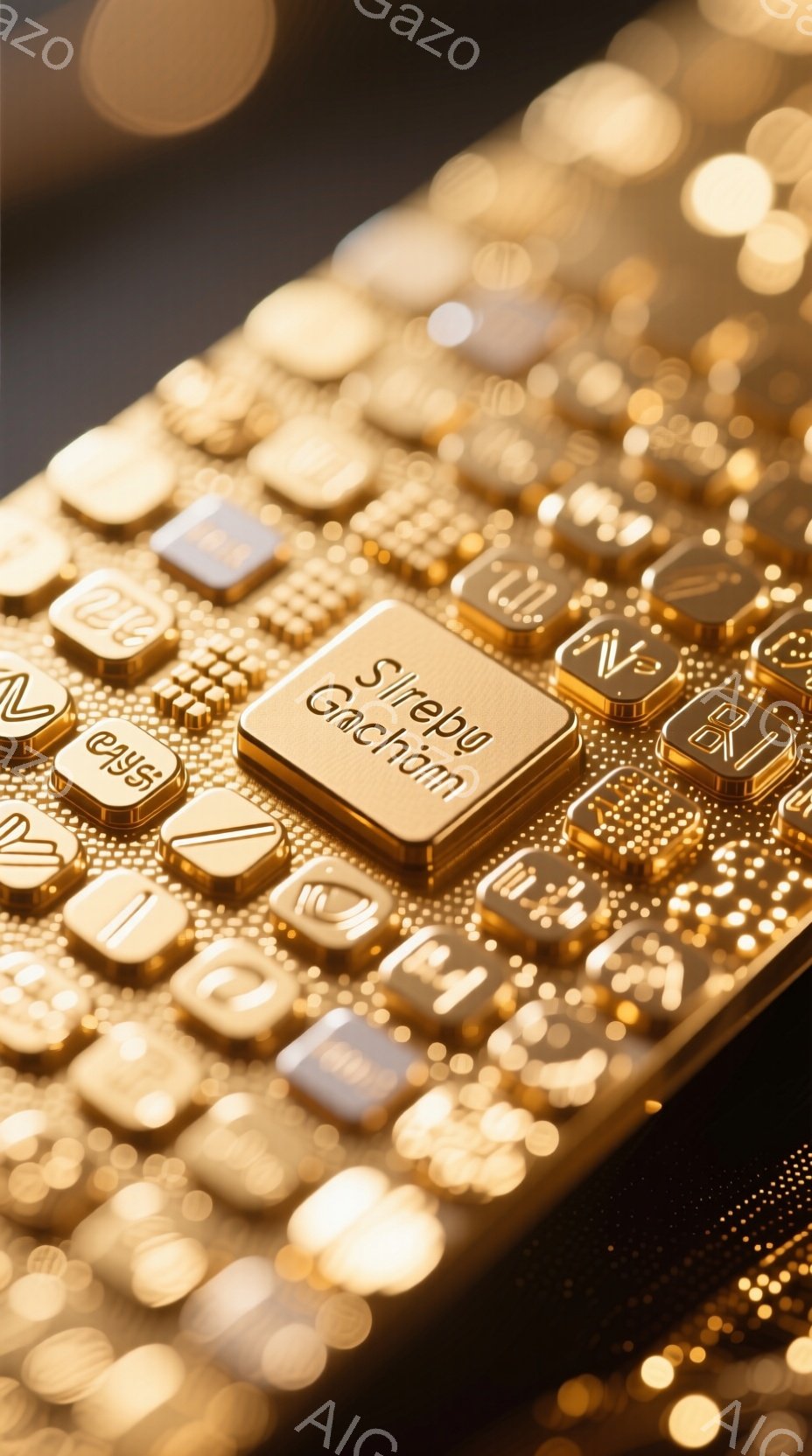 画像は、金色のキーボードのクローズアップであり、背景はぼやけており、キーがわずかに光沢を帯びています。「Sirep」と「Gachan」という文字が刻まれたキーが中央に大きく表示されています。全体的に、高級感と未来的な雰囲気を醸し出しています。