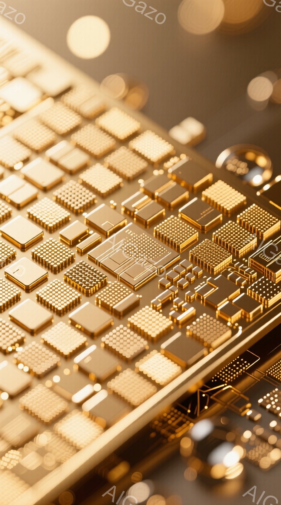 この画像は、金色の電子部品が密集して並んだ、クローズアップの写真です。部品は様々な形状とサイズを持ち、基板上に整然と配置されています。背景はぼやけており、光の反射が散りばめられており、高級感と技術的な精密さを強調しています。