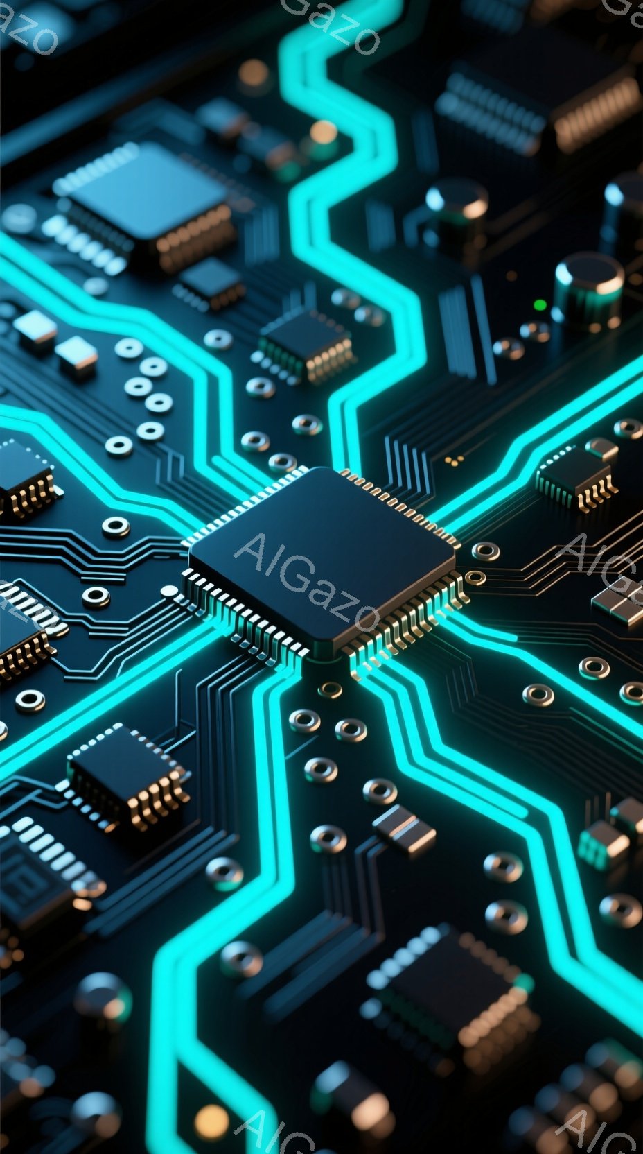 この画像は、複雑な電子回路基板をクローズアップしたものです。明るいターコイズブルーの配線が、黒い基板上に幾何学的なパターンを描き、多数の小さな電子部品が精密に配置されています。鮮やかな光のラインと部品の質感により、未来的な技術感と洗練された雰囲気が醸し出されています。