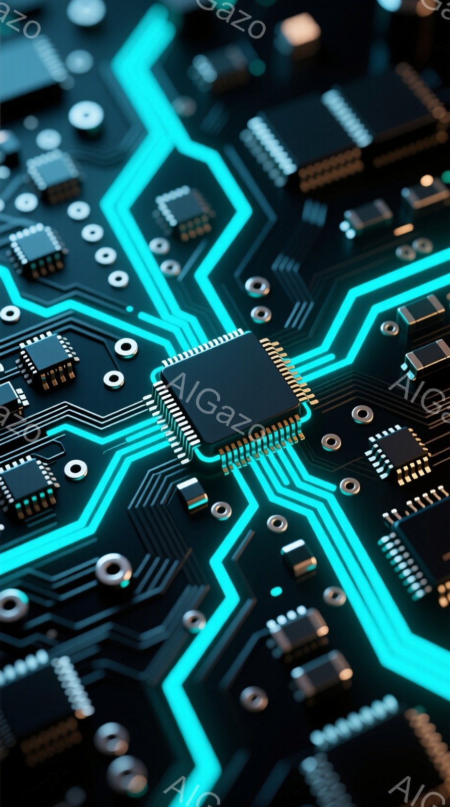 この画像は、複雑な回路基板をクローズアップしたものです。鮮やかなターコイズブルーのラインが基板上を走り、様々な電子部品、特にチップや抵抗が配置されています。全体的に未来的な雰囲気で、ハイテク機器の内部構造を表現しています。