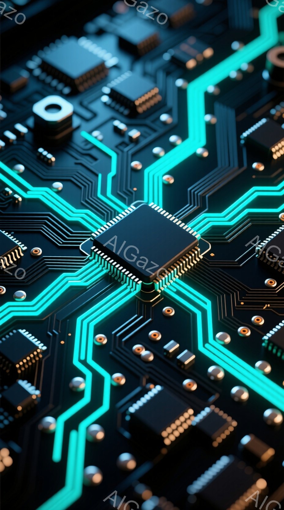 この画像は、複雑な回路基板をクローズアップしたもので、金色の配線と青色の光るラインが特徴的です。中央には黒い四角いICチップが配置され、周囲には様々な電子部品が整然と並んでいます。全体的に未来的な雰囲気を醸し出し、テクノロジーの進歩を象徴しているように見えます。