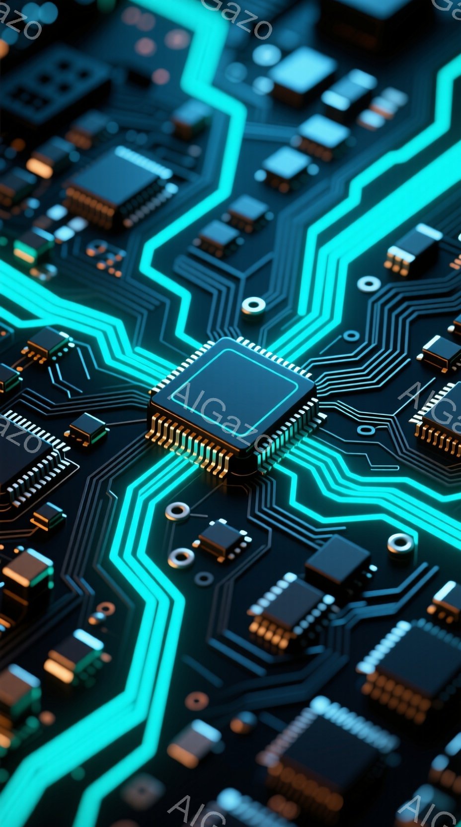 この画像は、回路基板のクローズアップであり、鮮やかなターコイズブルーの線が黒い背景に複雑に配置されています。様々な電子部品が基板上に配置され、精密さと技術的な複雑さを強調しています。全体として、未来的 - AI生成フリー素材