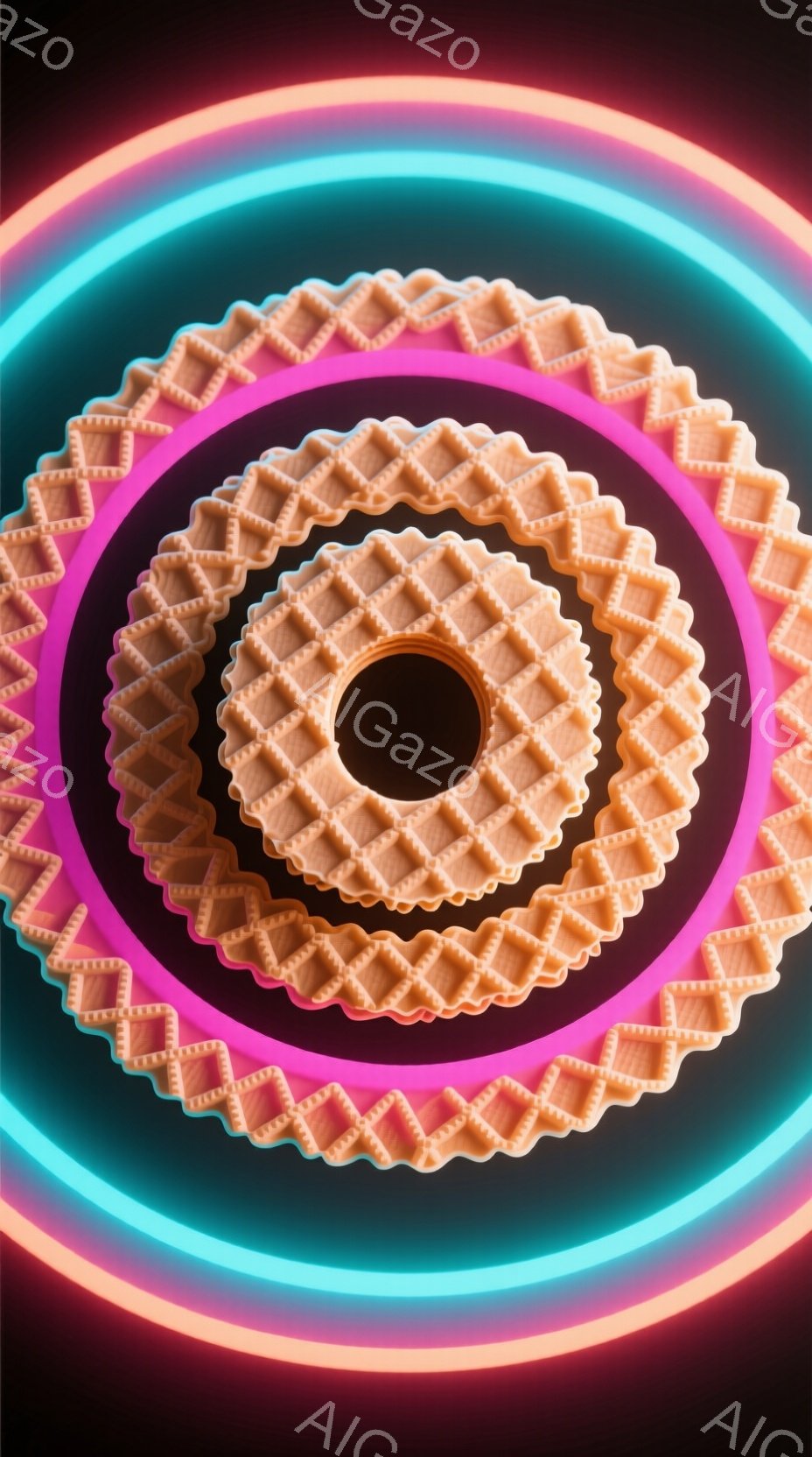 画像は、茶色のワッフル状のドーナツが同心円状に配置された、鮮やかなネオンカラーの光輪に囲まれた様子を描いています。ドーナツの中心には暗い穴が開いており、全体的にポップで未来的な雰囲気を醸し出しています。鮮やかな色彩と幾何学的な配置が、視覚的に強い印象を与えます。