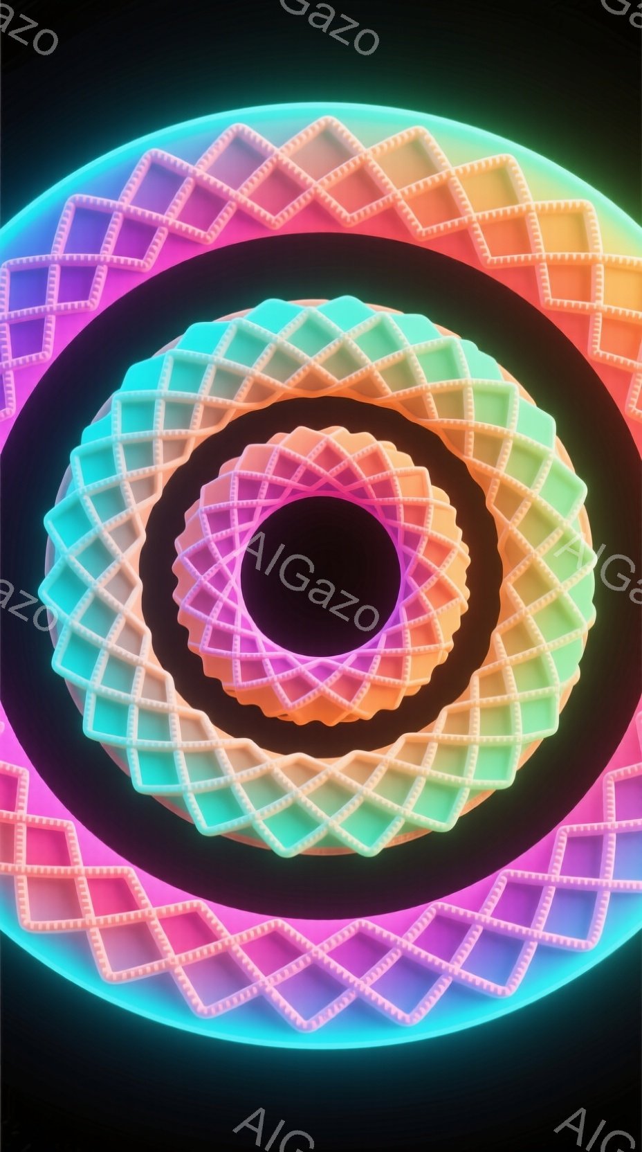 鮮やかなネオンカラーで構成された、渦巻き状の構造体が画面中央に配置されている。構造体は、ピンク、オレンジ、イエロー、グリーン、ブルー、紫と色が変化しながら、内側に螺旋を描き、中心には黒い空間が広がって - AI生成フリー素材