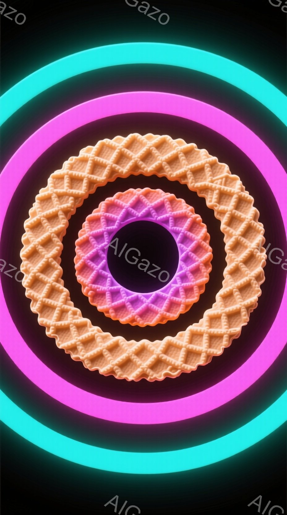画像は、中央にドーナツ状のクッキーが配置され、その周囲を鮮やかな青、ピンク、紫のネオンリングが同心円状に取り囲んでいます。クッキーはオレンジ色で、複雑な格子模様が特徴的です。暗い背景とネオンライトのコントラストが、モダンでポップな雰囲気を作り出しています。