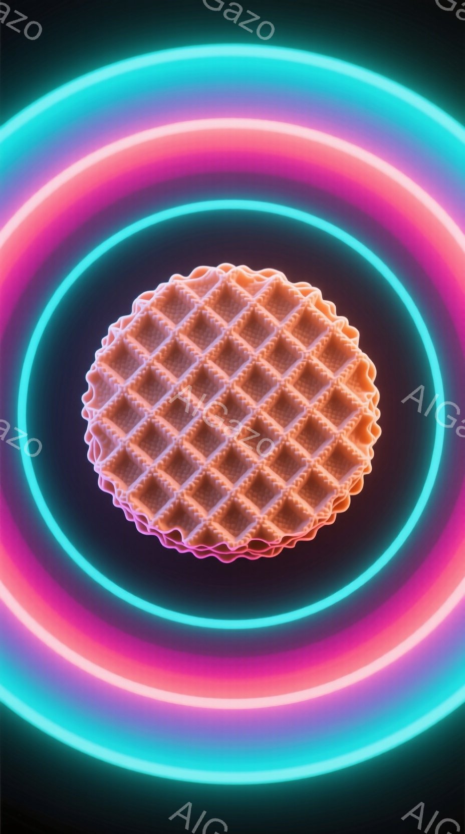 鮮やかなネオンカラーのリングが同心円状に重なり、中央にはワッフルが配置されています。ワッフルは細部まで精巧に表現され、リアルな質感と影が特徴的です。背景は暗く、リングの発光が際立つことで、幻想的で未来的な雰囲気を醸し出しています。