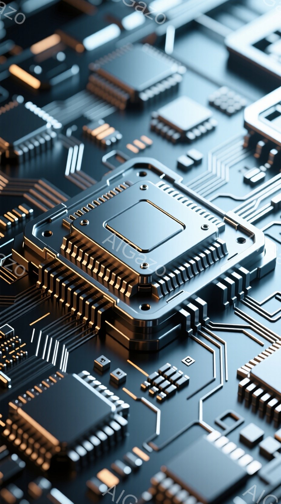 鮮やかな青色の回路基板が写っており、中央には金色の高性能なCPUチップが配置されています。チップには多数のピンが接続され、基板上の細い配線と組み合わさって複雑な電子回路を形成しています。全体的に未来的 - AI生成フリー素材