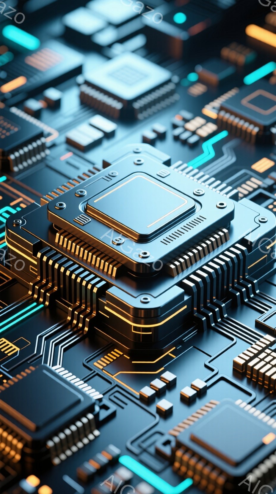 この画像は、金色のラインが走る青い回路基板をクローズアップしたものです。中央には、複雑な配線と小さな突起を持つ高性能なCPUチップが配置されており、未来的で技術的な雰囲気を醸し出しています。基板全体が - AI生成フリー素材