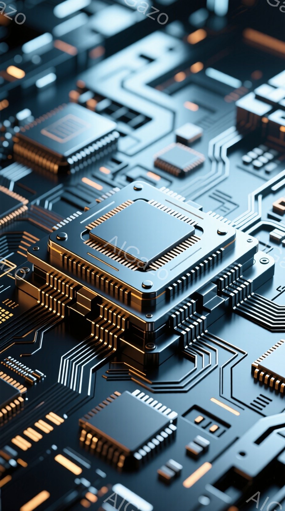 この画像は、複雑な回路基板をクローズアップしたものです。黒い基板上に、金色のラインと様々な電子部品が密集しており、特に中央には大きなICチップが配置されています。全体的に、未来的でテクノロジーを感じさせる、精密な印象を与えます。