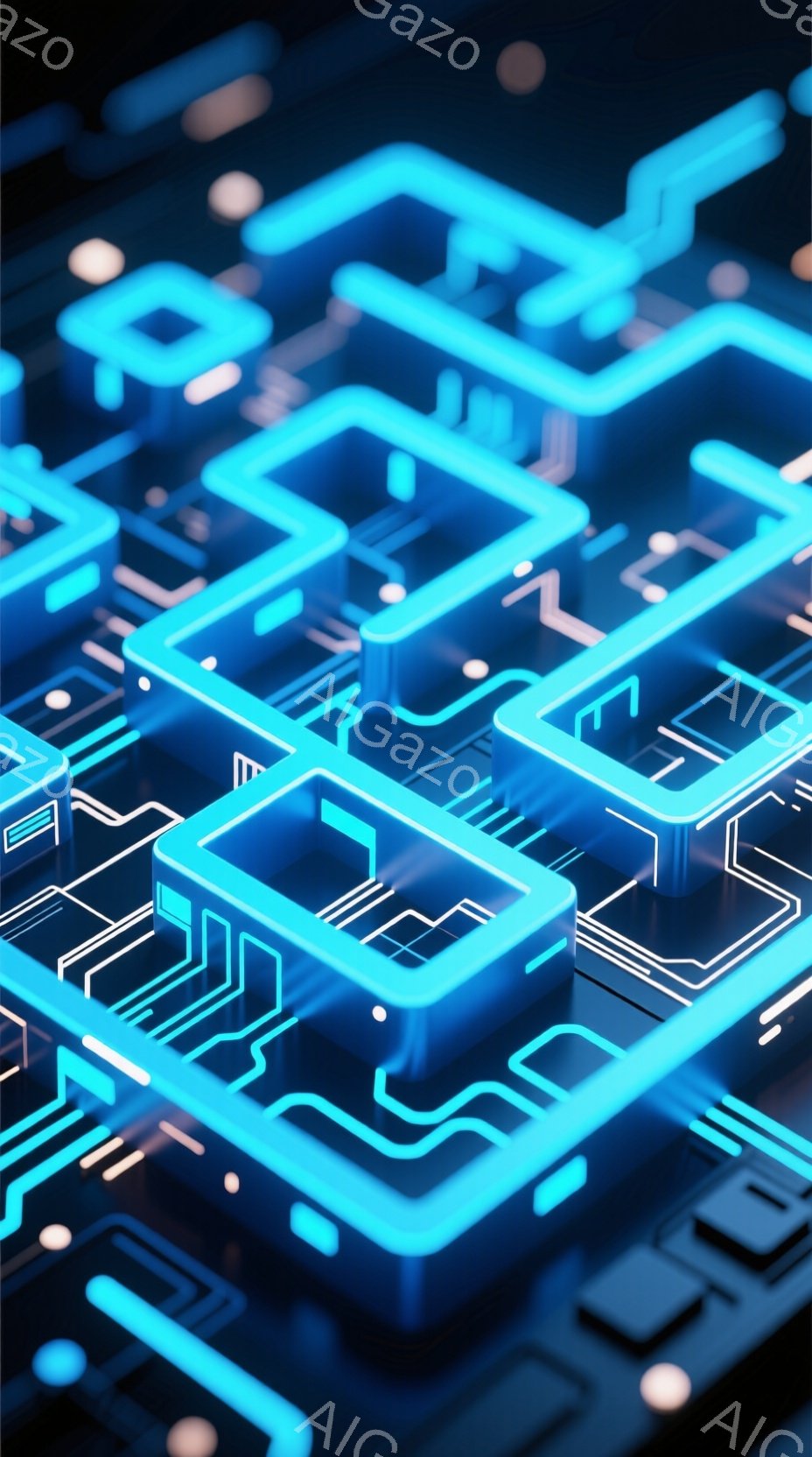 鮮やかな青色の回路のような線が複雑に絡み合い、立体的な迷路のような空間を形成している。線は光沢があり、未来的なテクノロジーやデジタル世界を連想させる印象を与える。背景は暗く、回路のラインが際立ち、集中線のような効果を生み出している。