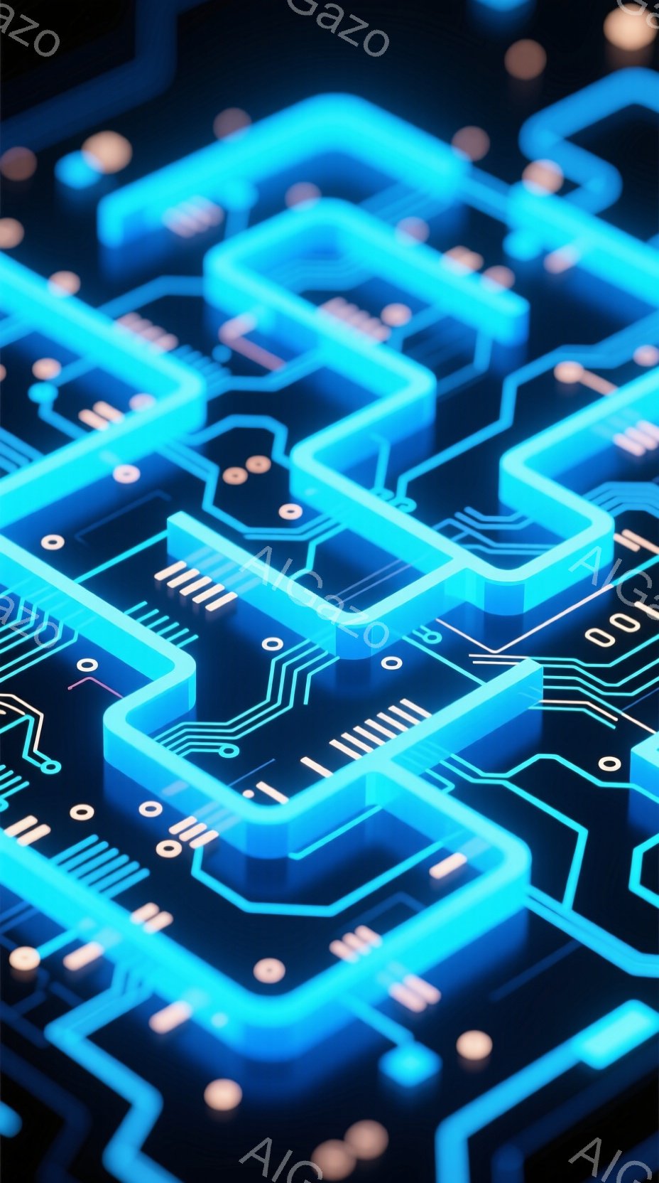 この画像は、青色の発光する回路基板のパターンが広がる抽象的な背景です。回路は立体的に配置され、複雑なネットワークを形成し、未来的な印象を与えます。暗い背景とのコントラストが、テクノロジーとデジタル世界のイメージを強調しています。