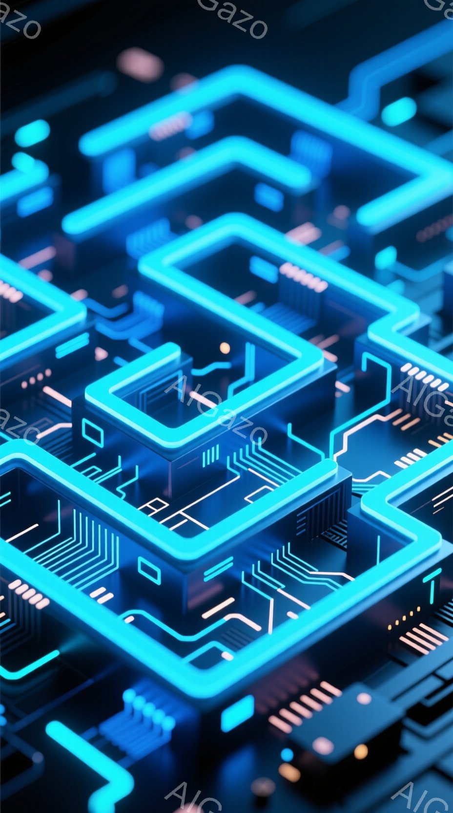 鮮やかなネオンブルーの配線が複雑に絡み合い、未来的な回路基板のような立体的な模様を描いています。光沢のある素材と影のコントラストが、奥行きとテクノロジーの雰囲気を強調しています。全体として、デジタル世界や電子機器の内部構造を想起させる、洗練された抽象的なイメージです。