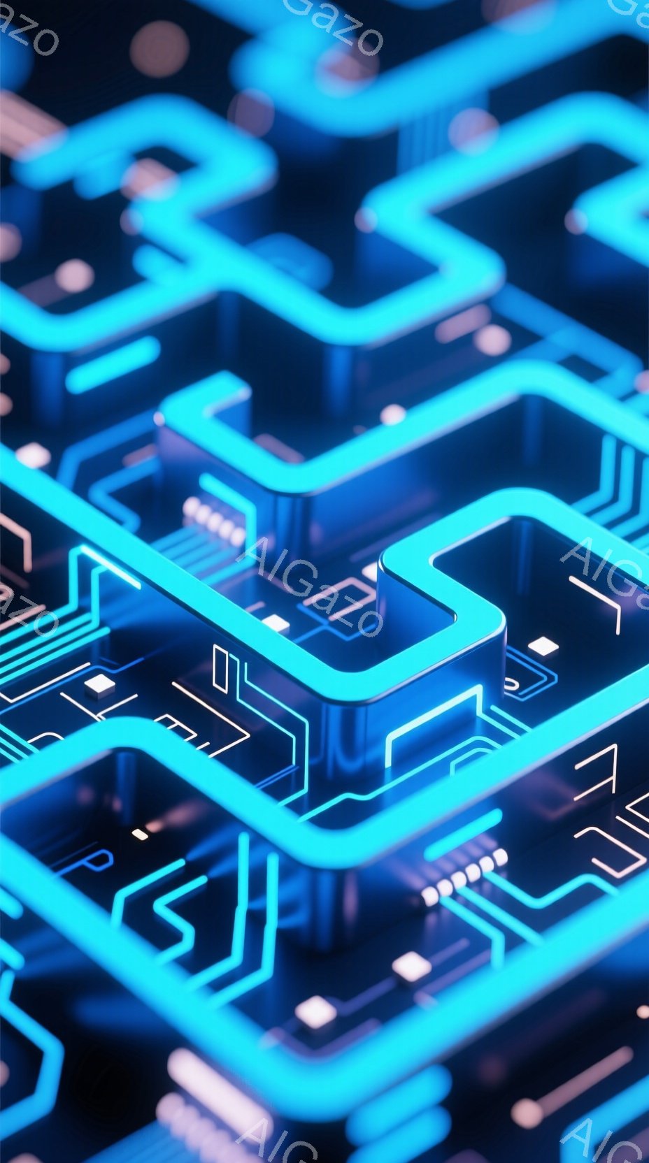 この画像は、未来的な青い回路基板の構造が複雑に絡み合った様子を捉えています。光沢のある青い線が立体的に配置され、電子的なネットワークやテクノロジーの抽象的な表現を作り出しています。暗い背景が回路の青い光を際立たせ、サイバーパンクまたはデジタル世界の雰囲気を醸し出しています。