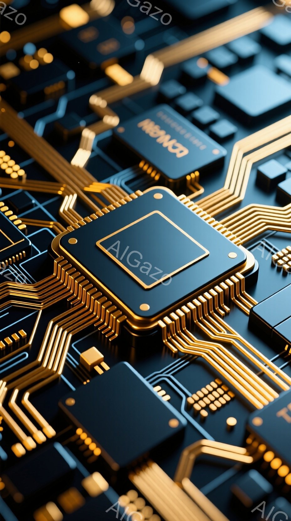 この画像は、青色の基板上に金色の配線が複雑に描かれた電子回路基板のクローズアップです。中央には、銀色の四角いチップが配線に囲まれて配置されており、その周りをさらに細かな配線が網の目のように走っています。全体的に未来的な雰囲気を醸し出し、高度なテクノロジーを象徴するイメージです。