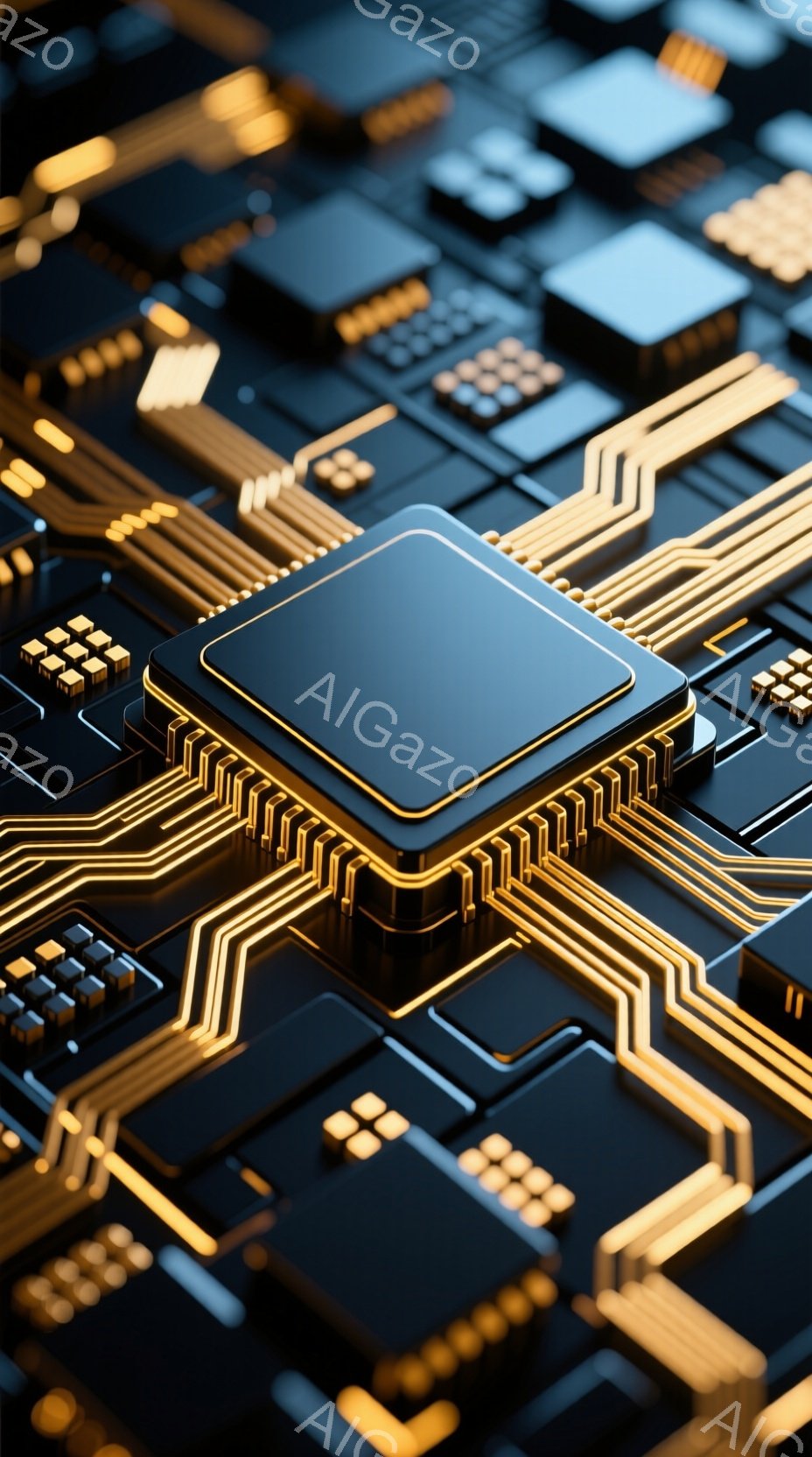 鮮やかな金色に輝く回路が複雑に組み合わさり、黒色の基板上に描かれています。中心には、同じく金色に縁取られた黒色の四角いチップが配置されており、高度な技術と精密さを感じさせます。背景はチップと回路で埋め尽くされ、未来的な電子機器の内部構造を想起させる、洗練された雰囲気を醸し出しています。