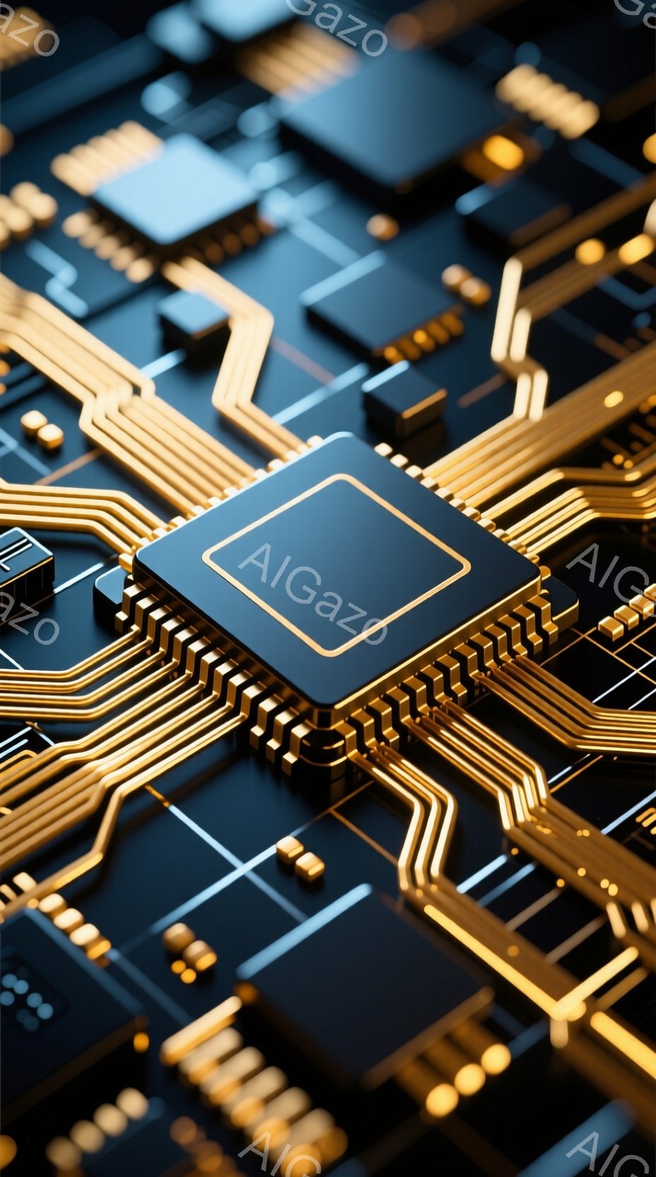 この画像は、金色の配線が複雑に絡み合った電子回路基板のクローズアップです。中央には、黒色のチップが配置され、金色の配線と鮮やかなコントラストをなしています。全体的に、高度な技術と精密さを感じさせる近未来的な雰囲気です。