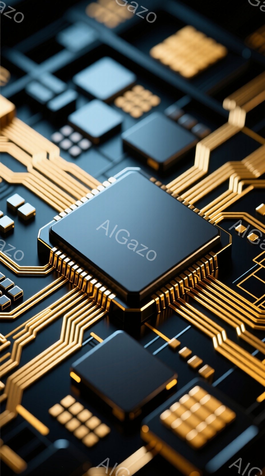 この画像は、金色の配線が複雑に絡み合った基板のクローズアップです。黒いチップが所々に配置され、光沢のある表面が現代的な技術感を強調しています。背景は暗く、チップと配線が際立っており、精密さと未来的な印象を与えます。