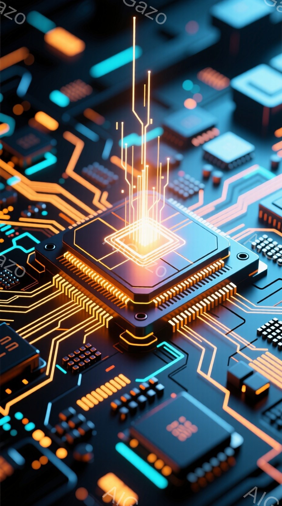 この画像は、電子回路基板のクローズアップで、中央に金色のチップが配置されています。基板全体にオレンジ色の光のラインが走り、技術的な未来感を強調しています。鮮やかな青色と黒色のコントラストが、ハイテクな雰囲気を際立たせています。