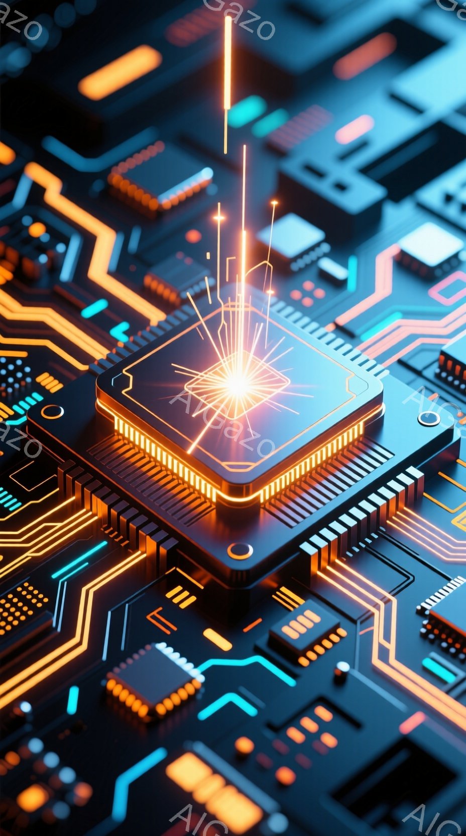 鮮やかなオレンジと青色の配線が複雑に絡み合った基板が、暗い背景に浮かび上がっています。基板の中心には光り輝くチップが配置され、そこから放射状に細い光線が広がっています。全体的に未来的な雰囲気で、テクノロジー、デジタル、そして高度な処理能力を想起させるイメージです。