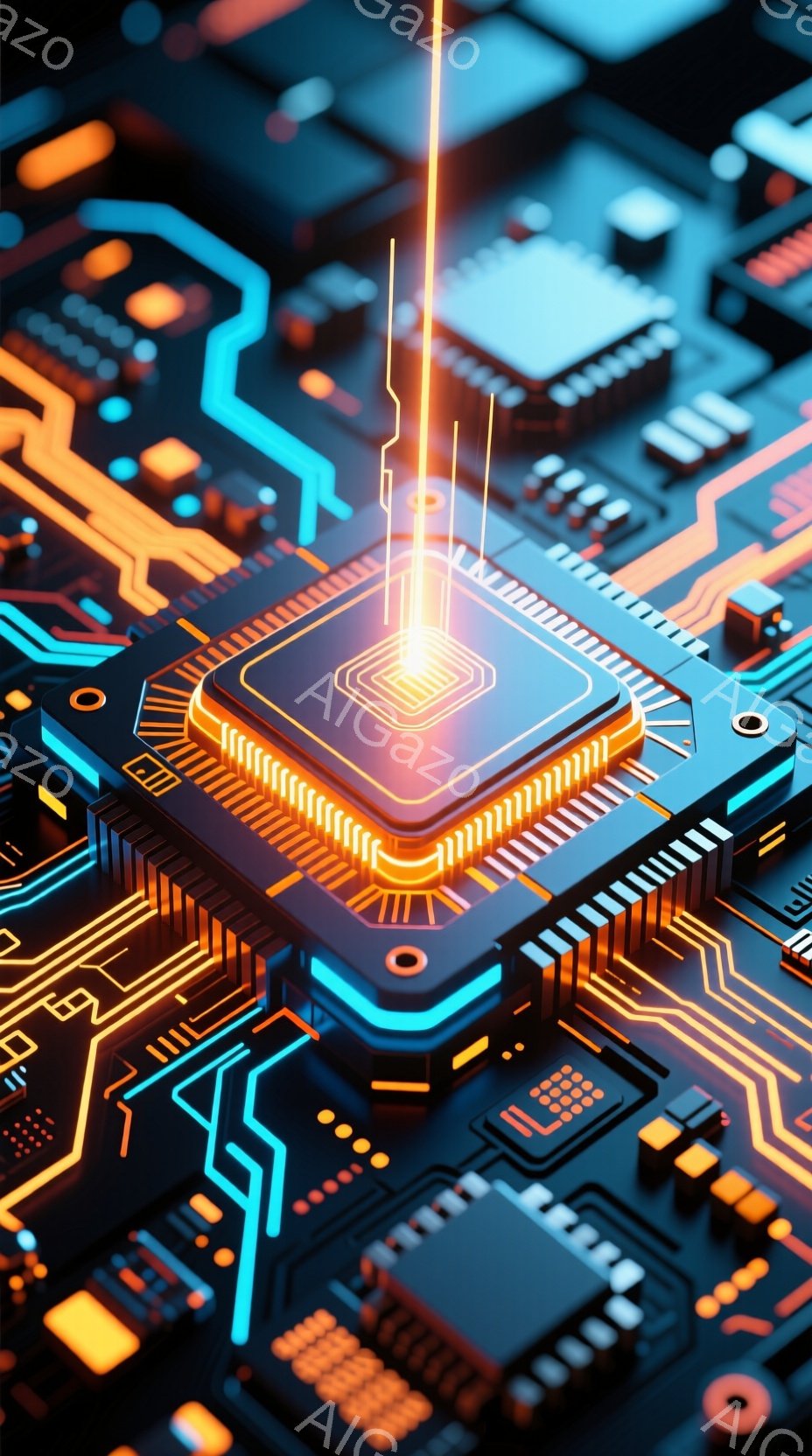 この画像は、鮮やかな青とオレンジの電子回路基板をクローズアップしたものです。中央には金色のチップが配置され、そこから光線が放射されています。全体的に未来的な雰囲気を持ち、技術的な精密さを強調しています - AI生成フリー素材