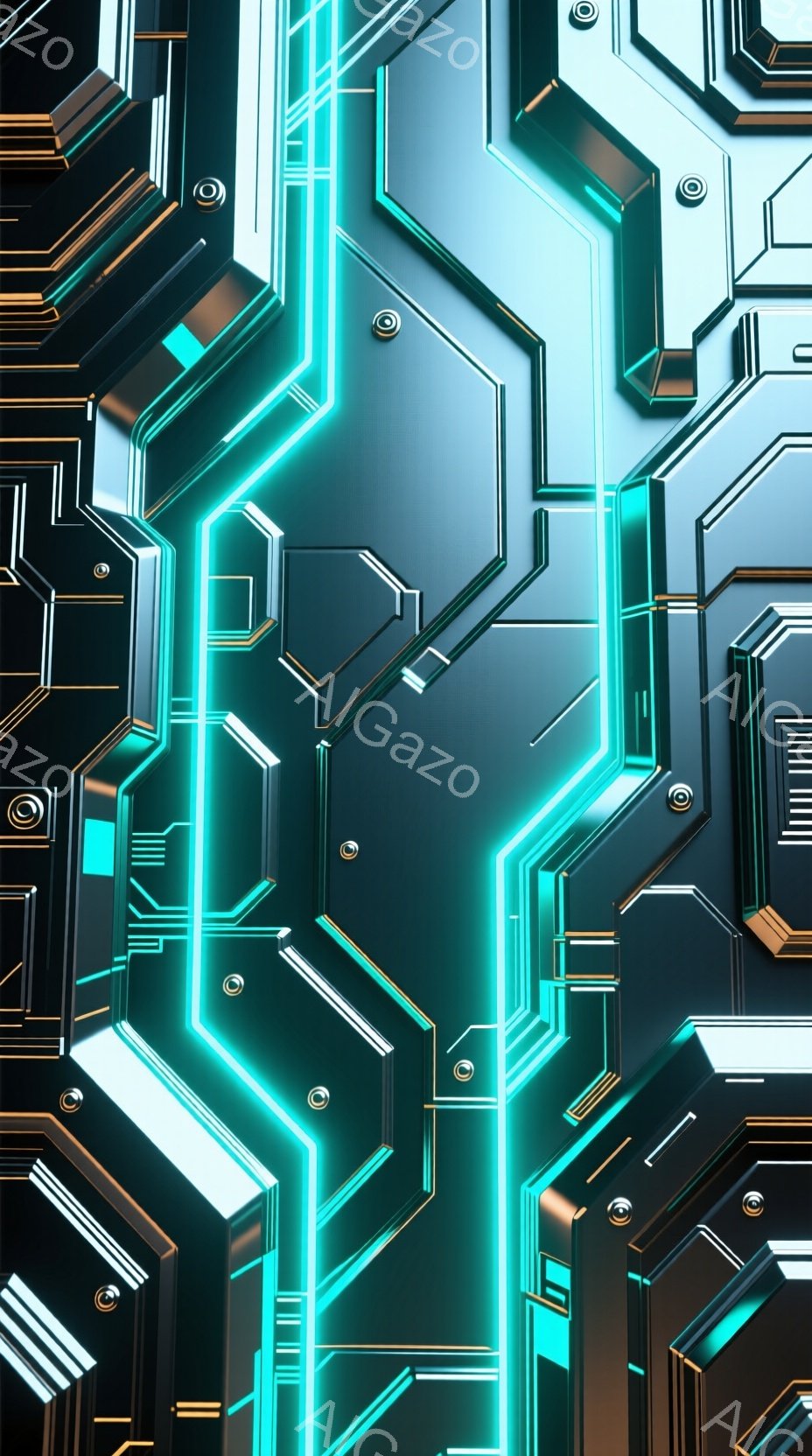 この画像は、複雑な回路基板のようなデザインで、鮮やかなターコイズブルーの光が流れています。金属的な質感と幾何学的な形状が特徴で、未来的なテクノロジーやサイバーパンクの世界観を想起させます。暗い背景との - AI生成フリー素材