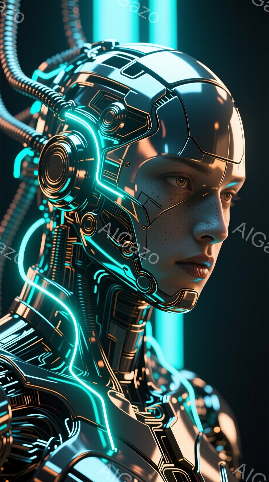 この画像は、未来的なサイバーパンク風の女性のポートレートです。彼女は複雑な配線とメカニカルなパーツで構成されたヘルメットを着用しており、光る青いラインがその構造を強調しています。彼女の表情は冷静で、未来的な世界に溶け込むような、どこか憂いを帯びた雰囲気を醸し出しています。