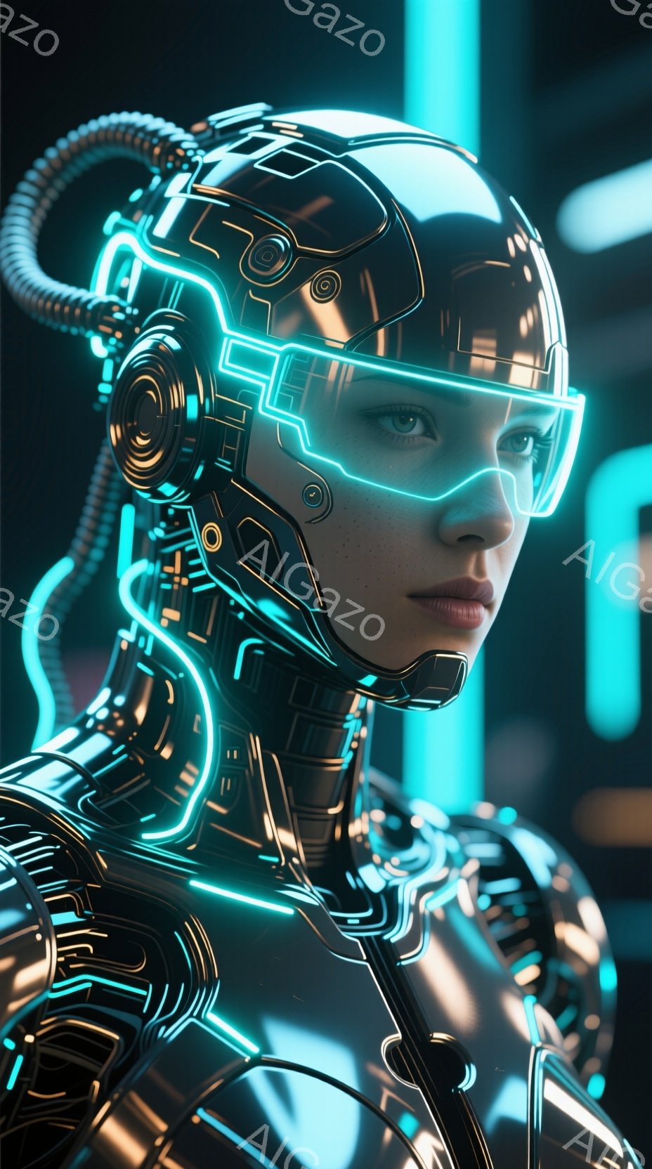 この画像は、未来的なサイバーパンク風の女性を描いています。彼女は複雑な配線と発光するネオンブルーのラインが特徴の、洗練されたメタリックなヘルメットとボディスーツを着用しており、未来的な戦士または技術者のような印象を与えます。ヘルメットには透明なバイザーがあり、彼女の顔の一部が見え、鋭い視線で正面を見据えています。