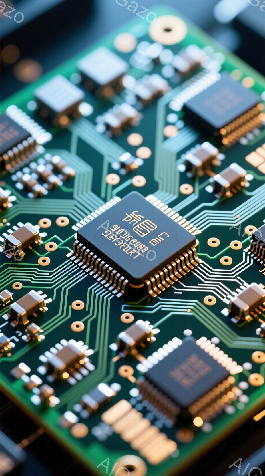この画像は、緑色のプリント基板をクローズアップしたもので、様々な電子部品が複雑に配置されています。黒いICチップ、小さな抵抗、コンデンサなどが密集し、金色の足が基板上の銅色の配線と接続されています。全体的に精密で技術的な印象を与え、高度な電子機器内部の様子を表しています。