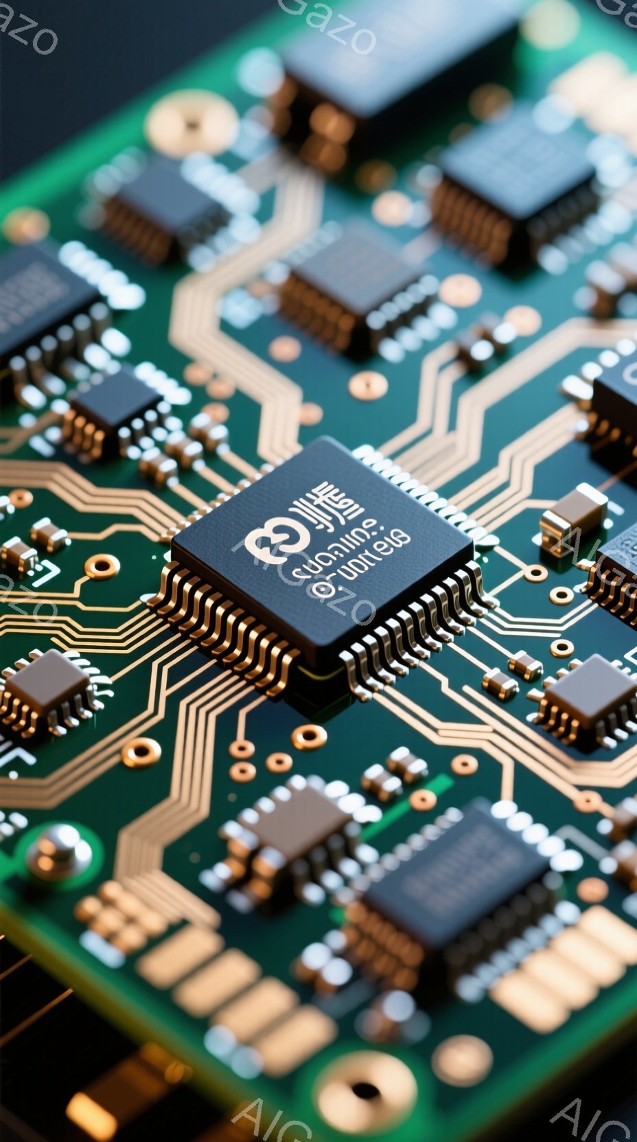 この画像は、緑色のプリント基板をクローズアップしたもので、様々な電子部品が配置されています。中央には、銀色の大きなICチップが配置され、周囲には抵抗やコンデンサなどの小型部品が整然と並んでいます。全体的に精密で技術的な印象を与え、現代のエレクトロニクス製品内部の様子を垣間見ることができます。