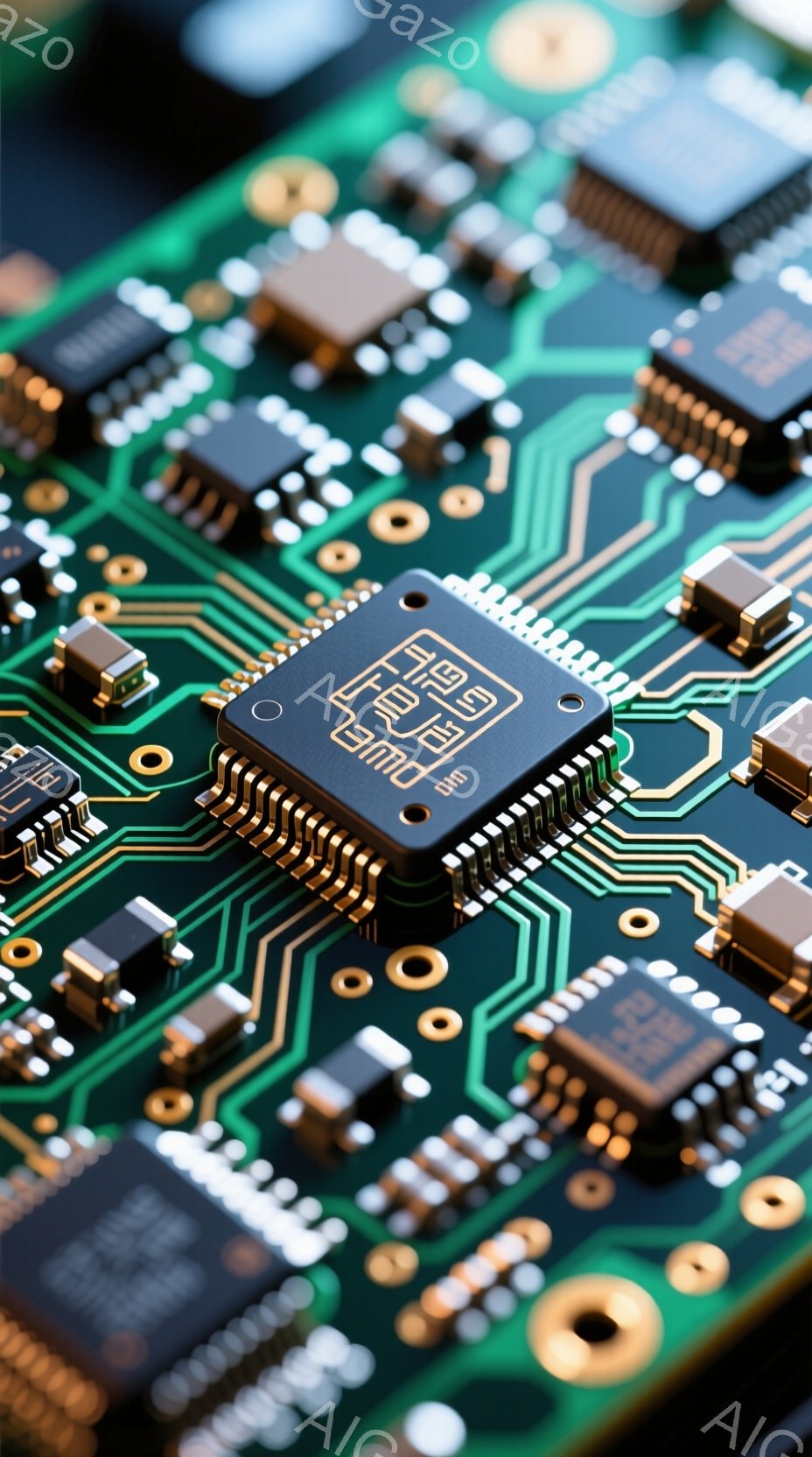 この画像は、緑色のプリント基板のクローズアップで、様々な電子部品が配置されています。中央には大きなICチップが位置し、その周囲に抵抗、コンデンサ、その他の小型部品が規則的に並んでいます。基板の複雑な配線と鮮やかな色彩が、高度な技術と精密さを強調しています。