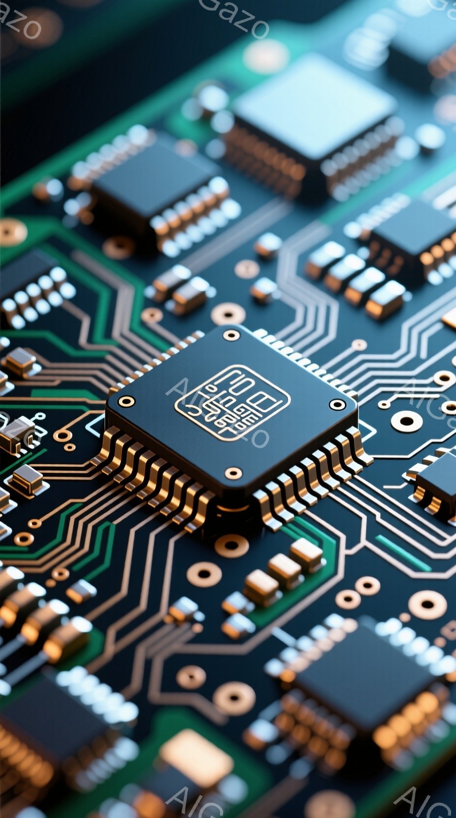 この画像は、緑色のプリント基板をクローズアップしたもので、様々な電子部品が複雑に配置されています。中央には、金色のピンを持つ黒い四角いICチップが目立ち、その周りには抵抗やコンデンサのような小型の部品が規則的に並んでいます。基板上の白い線は回路パターンを示し、高度な技術と精密さを感じさせる近未来的な雰囲気です。