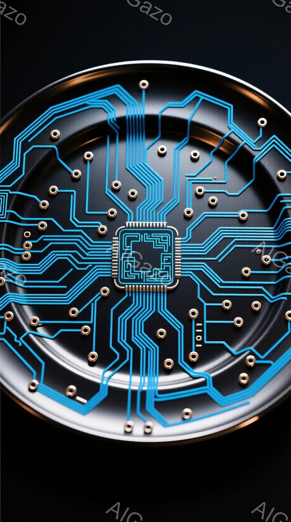 黒い背景に、回路図のようなパターンが青色の線で描かれた円形の物体が写っている。中心部には、より複雑なチップのような回路が配置されており、全体的に未来的な印象を与えるテクノロジー関連のイメージである。青色の光が回路を強調し、精密さと複雑さを表現している。
