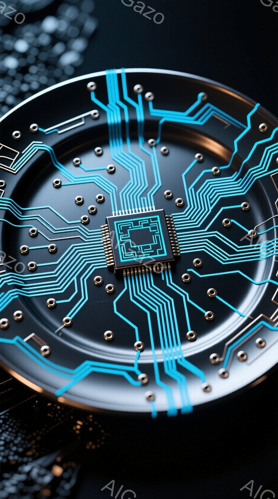 画像は、複雑な回路が描かれた黒い円盤に、小さな銀色のチップが搭載された様子を捉えています。青色の光が回路を縁取り、未来的な印象を与えます。背景は暗く、チップと回路が際立っています。 - AI生成フリー素材