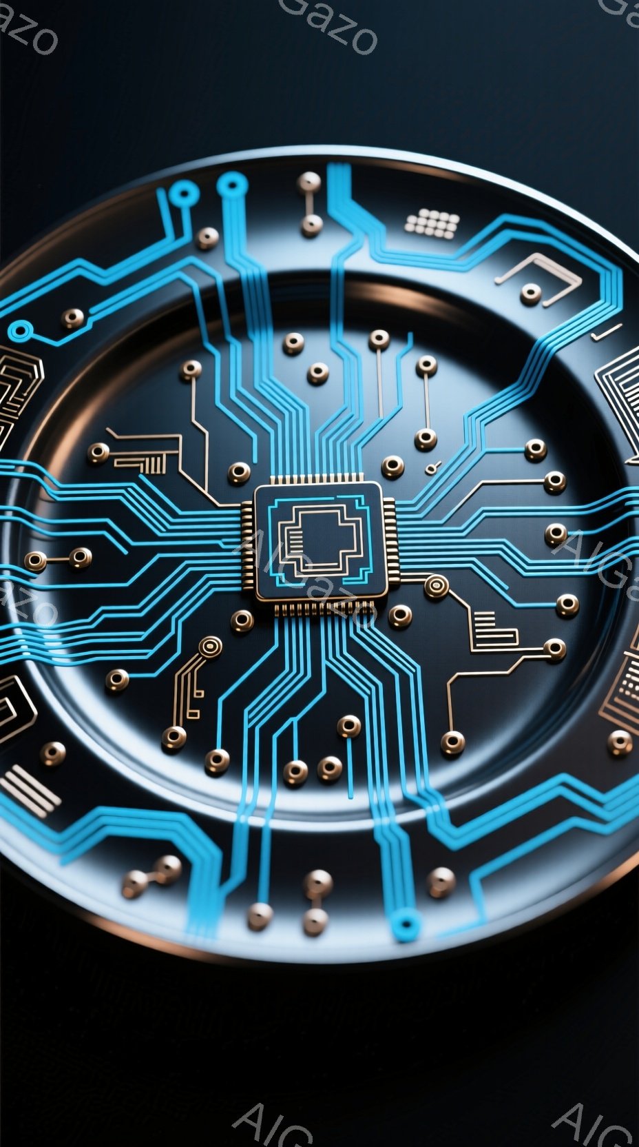 この画像は、暗い背景に浮かぶ、複雑な回路基板を捉えています。青色の細い線が、黒い基板上に複雑に張り巡らされ、中央には銀色のICチップが配置されています。全体的に近未来的で、テクノロジーを感じさせる印象です。