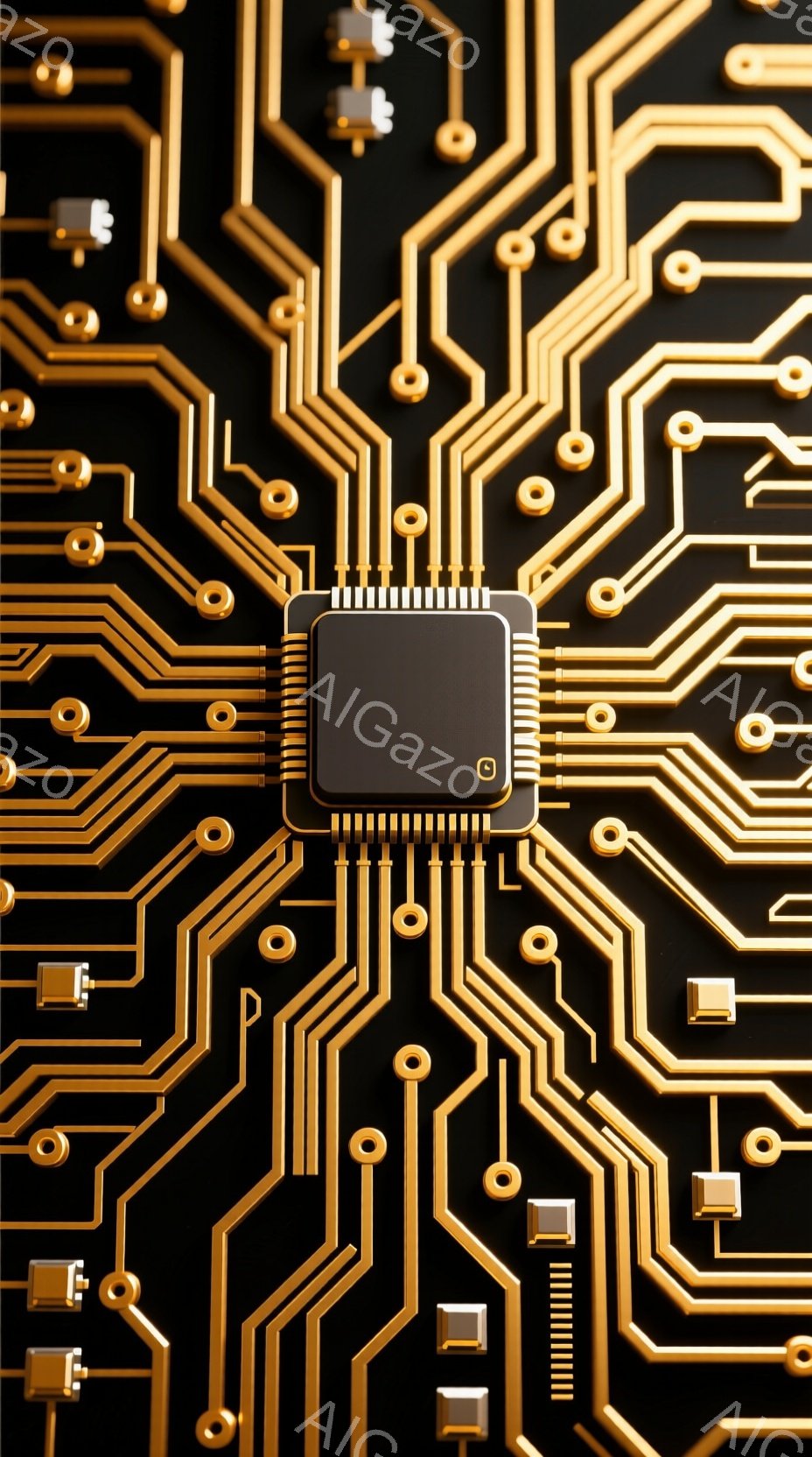 漆黒の背景に金色の電子回路が複雑に配置された画像です。中央には、黒いチップが配置され、回路と接続されています。全体的に、未来的なテクノロジーと精密さを強調した、洗練された印象を与えます。