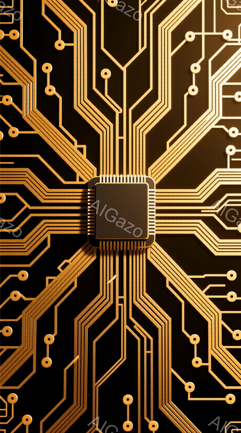 漆黒の背景に金色の回路図が複雑に広がっており、中央には銀色の小さなチップが配置されている。回路は細い線と円形で構成され、チップに向かって放射状に広がっているデザインは、技術的な精密さと未来的な雰囲気を - AI生成フリー素材