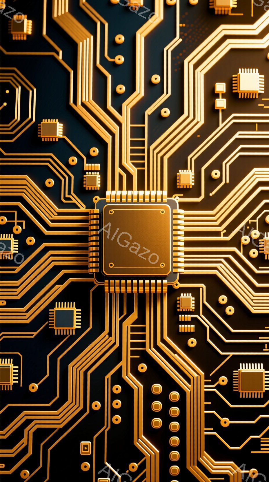 この画像は、金色の回路が複雑に絡み合った抽象的な背景です。黒色の基盤に、様々なサイズのチップや配線が規則的に配置されており、高度な技術や電子機器を連想させます。全体的に洗練された印象で、未来的なデザインが特徴的です。